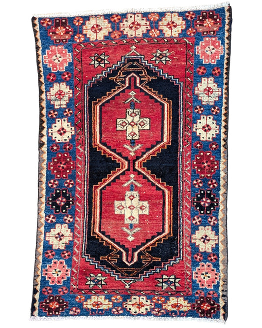tappeto caucasico fatto a mano 146x91 cm con motivi geometrici rosso e blu
