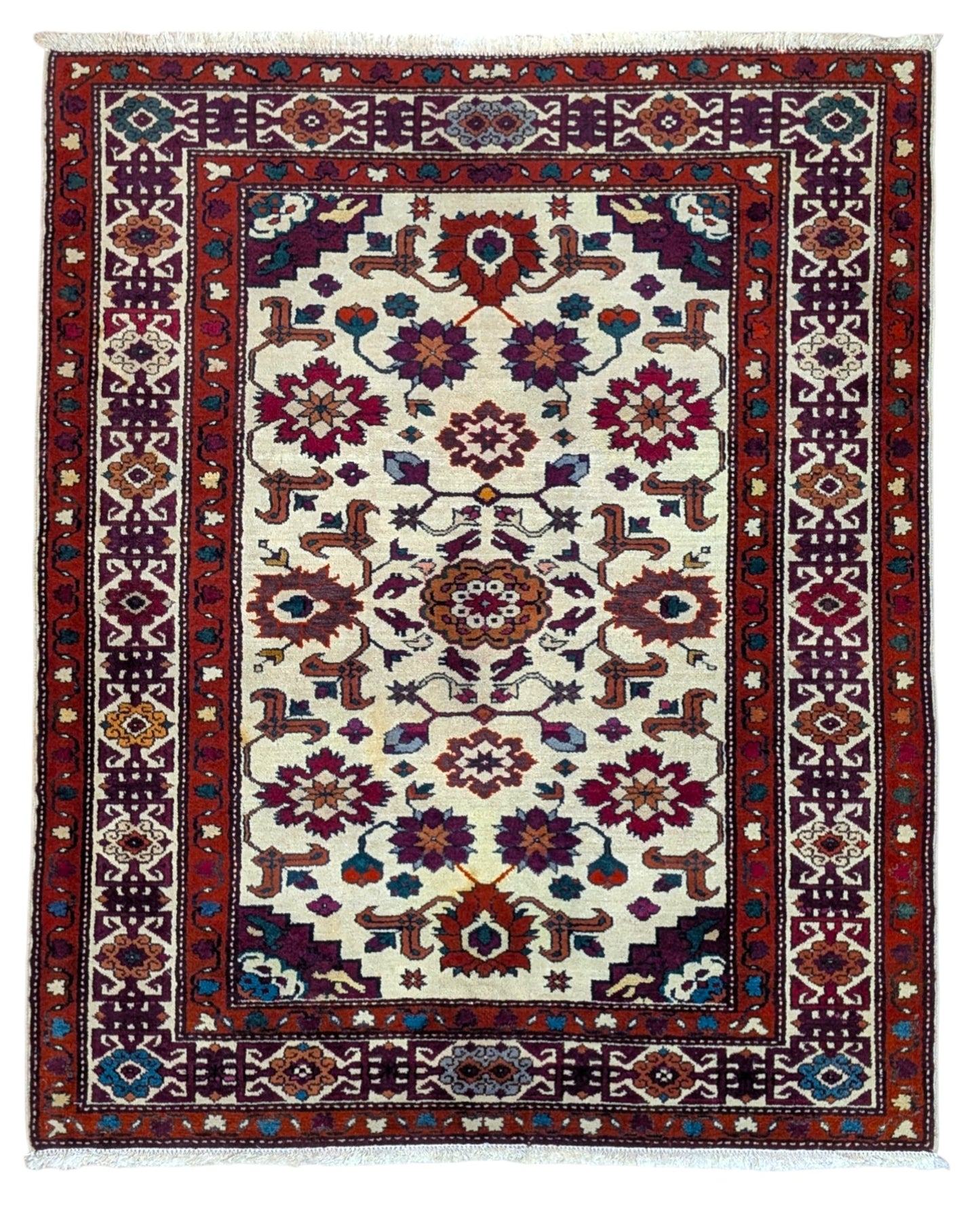 Tappeto Kazak caucasico 130x109 cm annodato a mano, fondo avorio con motivi geometrici e floreali colorati