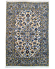 Tappeto Nain persiano 148x100 cm annodato a mano, fondo avorio con medaglione centrale e motivi floreali blu eleganti