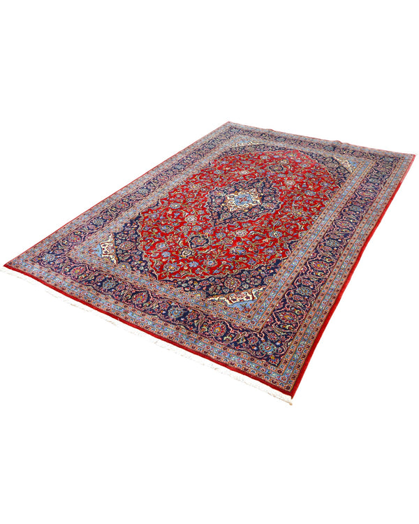 "Tappeto Kashan persiano rosso rubino con medaglione centrale e motivi floreali, 300x204 cm, annodato a mano."