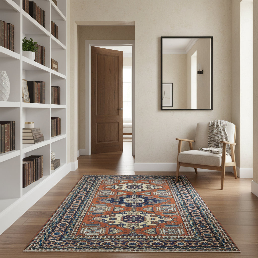 Tappeto Ardabil persiano annodato a mano 183x138 cm in pura lana con colori vegetali, motivo geometrico centrale, rosso mattone beige e blu, autentico tappeto orientale con certificato.