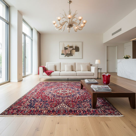 tappeto persiano annodato a mano 445x307 cm rosso intenso con motivi geometrici a rombi e fiori stilizzati