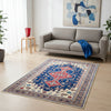 Tappeto Shirvan 317x224 cm con fondo blu, medaglione rosso e dettagli geometrici avorio e giallo, tramato ed annodato a mano, provenienza Caucaso.