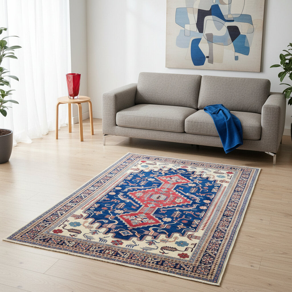 Tappeto Shirvan 317x224 cm con fondo blu, medaglione rosso e dettagli geometrici avorio e giallo, tramato ed annodato a mano, provenienza Caucaso.