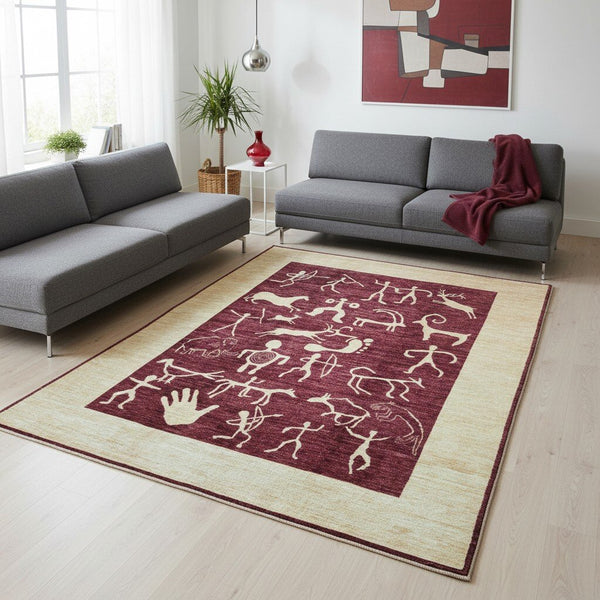 Tappeto moderno “Eco di Civiltà Antiche” di Darios (300x196 cm), annodato a mano. Campo bordeaux con simboli stilizzati color crema, bordura beige, lana tinta vegetale. Certificato incluso.