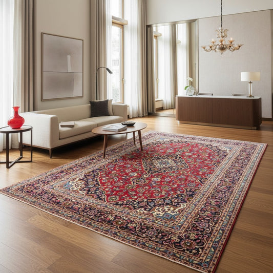 Tappeto persiano Kashan 402x297 cm, fondo rosso con medaglione centrale blu e avorio, annodato a mano in lana vegetale.