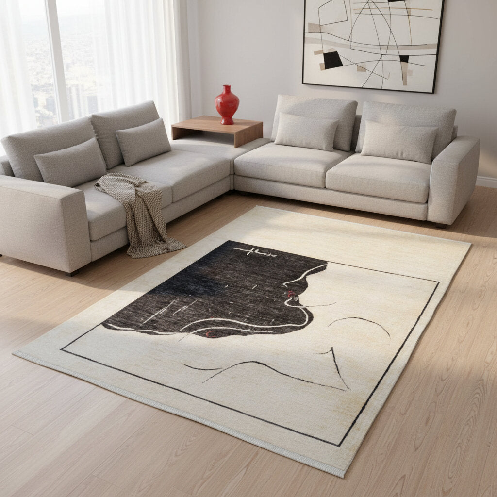 "Tappeto moderno beige con pannello nero e profilo artistico minimalista, annodato a mano, 246x180 cm."