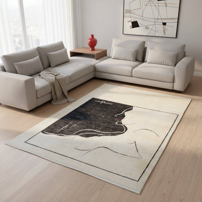 "Tappeto moderno beige con pannello nero e profilo artistico minimalista, annodato a mano, 246x180 cm."