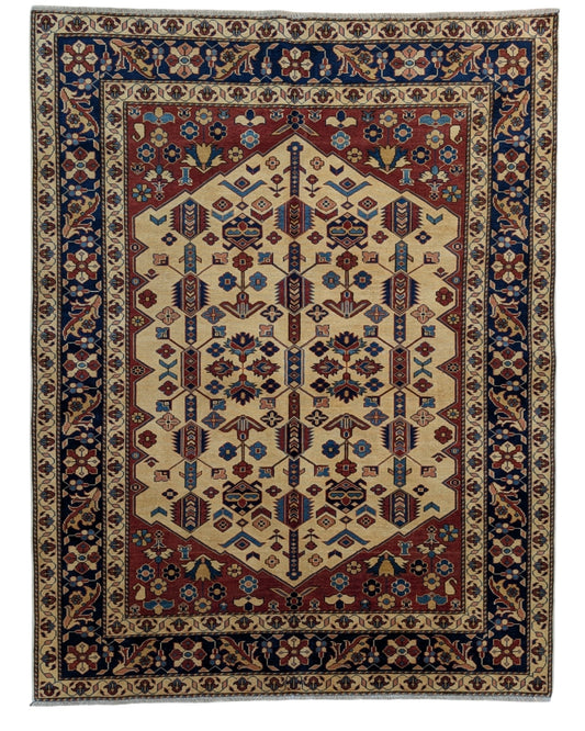 Tappeto Shirvan 189x146 cm, annodato a mano in Afghanistan, fondo mattone con medaglione esagonale in blu e ocra, lana pregiata e cotone resistente, certificato di autenticità incluso.