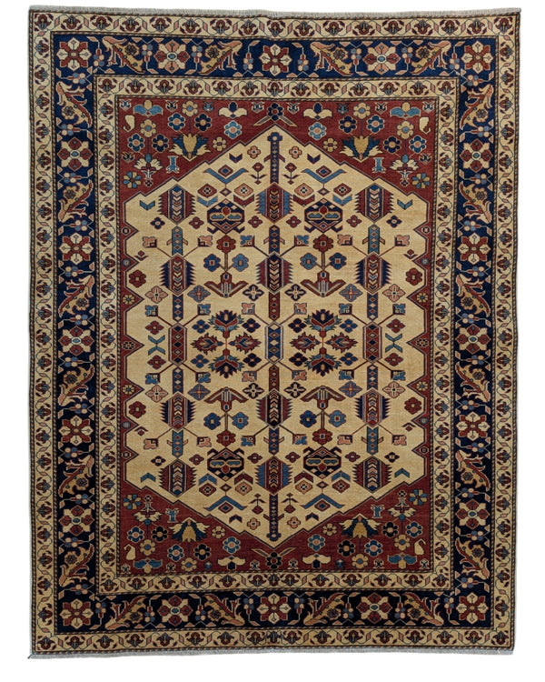Tappeto Shirvan 189x146 cm, annodato a mano in Afghanistan, fondo mattone con medaglione esagonale in blu e ocra, lana pregiata e cotone resistente, certificato di autenticità incluso.