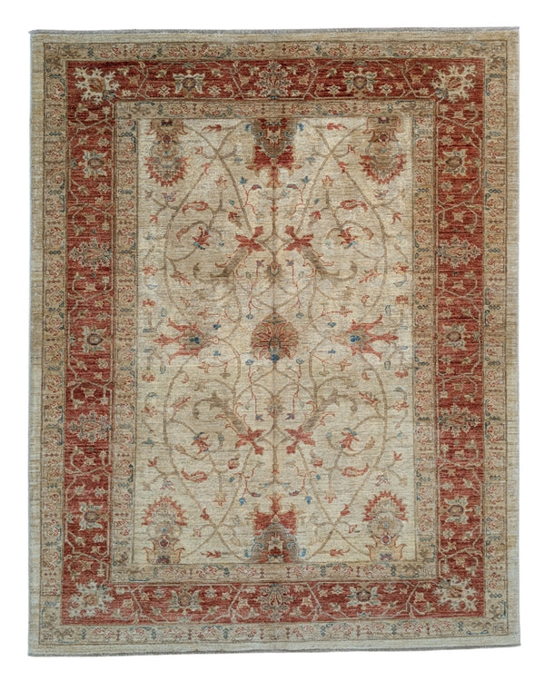 Tappeto Ziegler Farahan 191x153cm annodato a mano con campo beige e bordura rosso mattone decorata da motivi floreali.