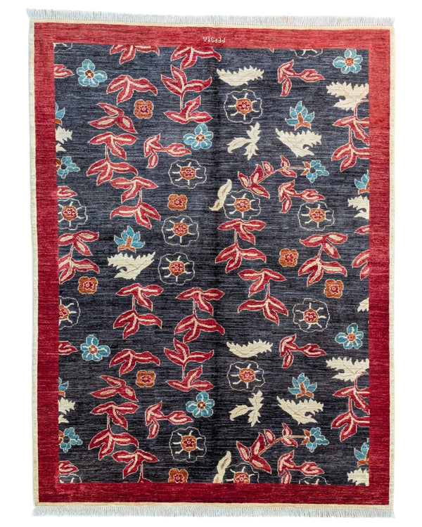 Tappeto moderno Persia 196x147 cm, fondo blu con fiori rossi e azzurri, bordo rosso, annodato a mano.