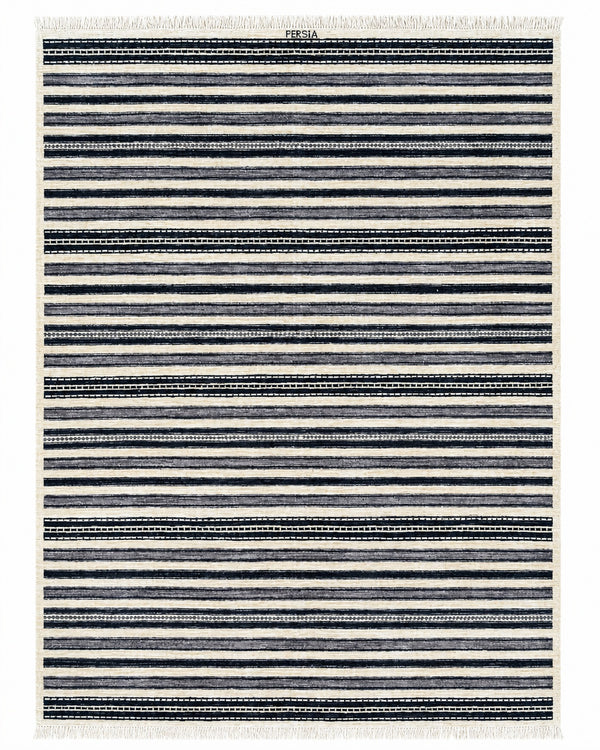 Tappeto Moderno 198x150 cm Avorio Nero e Grigio a Righe