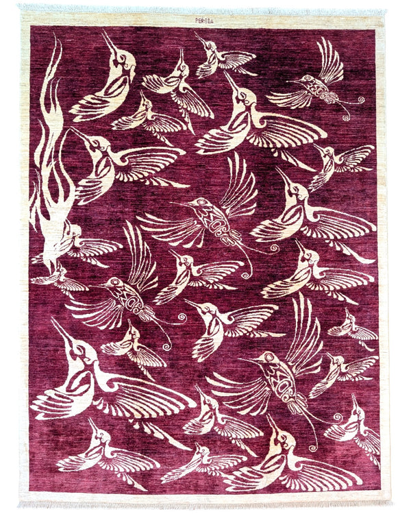 Tappeto moderno 233x177 cm Persia con fondo bordeaux e motivi di uccelli in avorio, annodato a mano in lana e cotone.