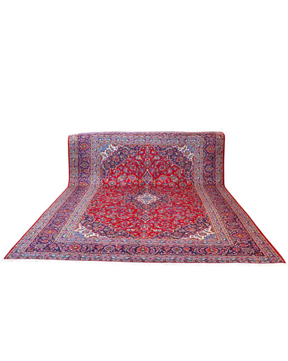 tappeto persiano Kashan annodato a mano 407x288 cm rosso rubino con medaglione centrale e motivi floreali