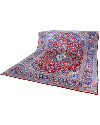 tappeto persiano Kashan annodato a mano 412x293 cm rosso con medaglione centrale e motivi floreali