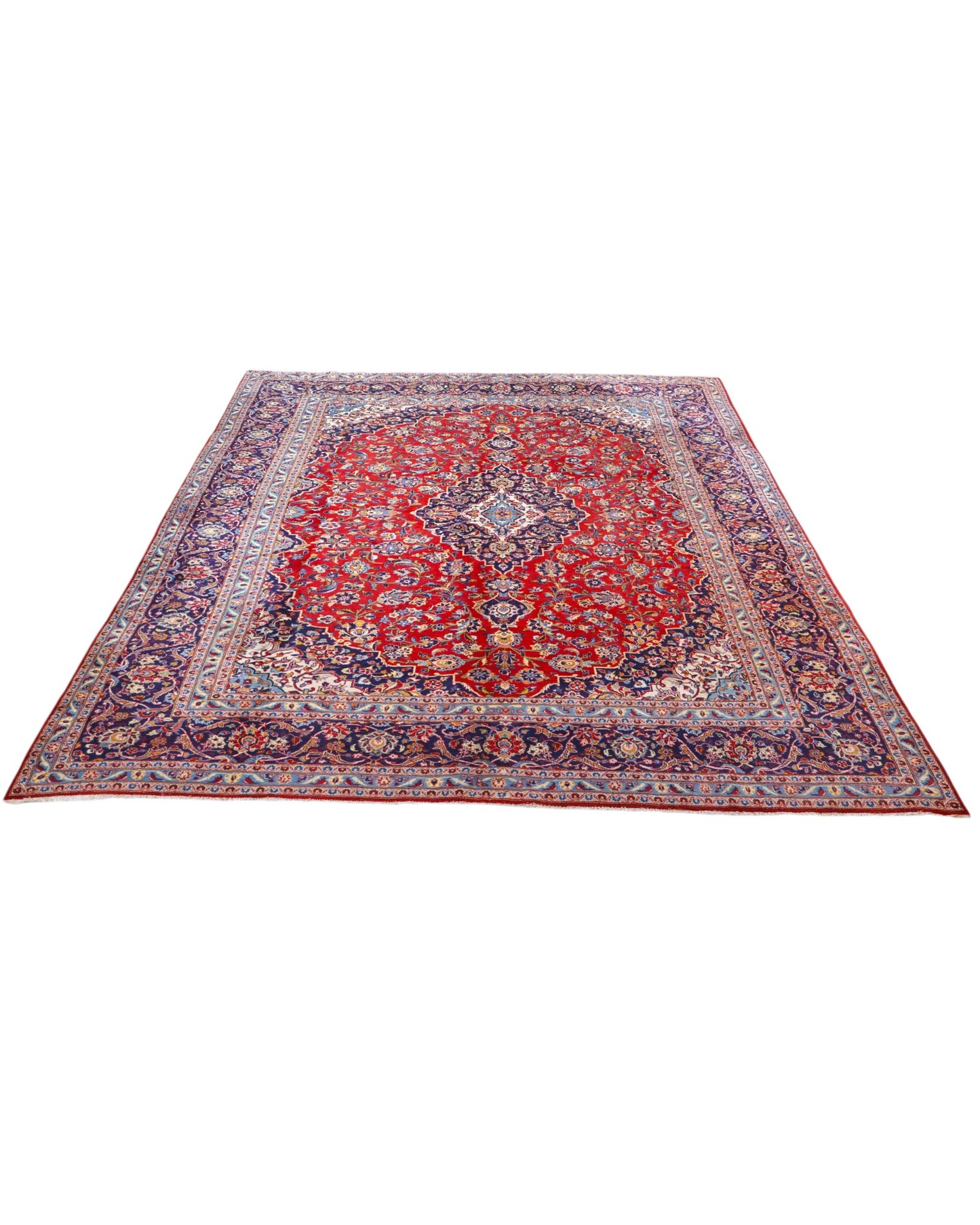 tappeto persiano Kashan annodato a mano 414x295 cm rosso con medaglione centrale e motivi floreali