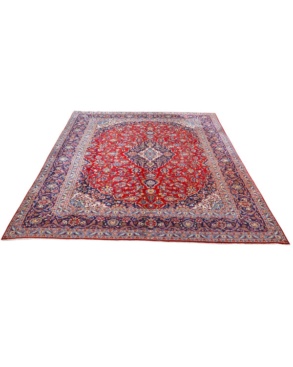 tappeto persiano Kashan annodato a mano 414x295 cm rosso con medaglione centrale e motivi floreali