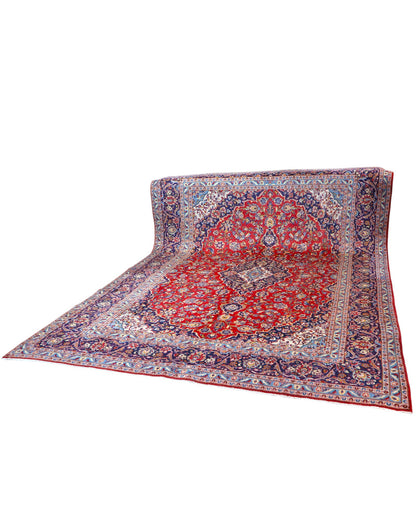 tappeto persiano Kashan annodato a mano 414x295 cm rosso con medaglione centrale e motivi floreali