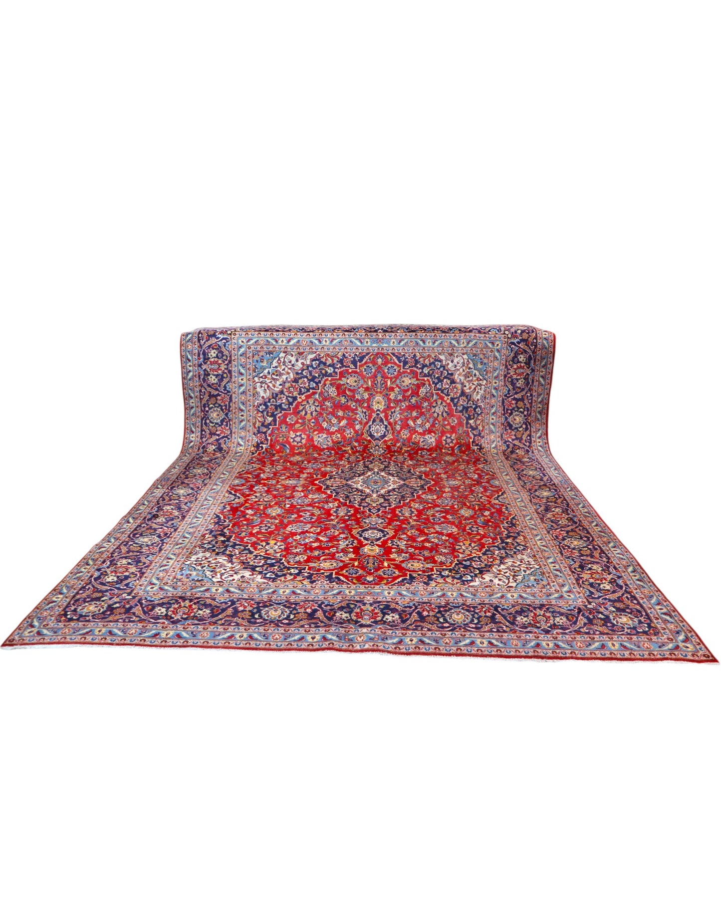 tappeto persiano Kashan annodato a mano 414x295 cm rosso con medaglione centrale e motivi floreali
