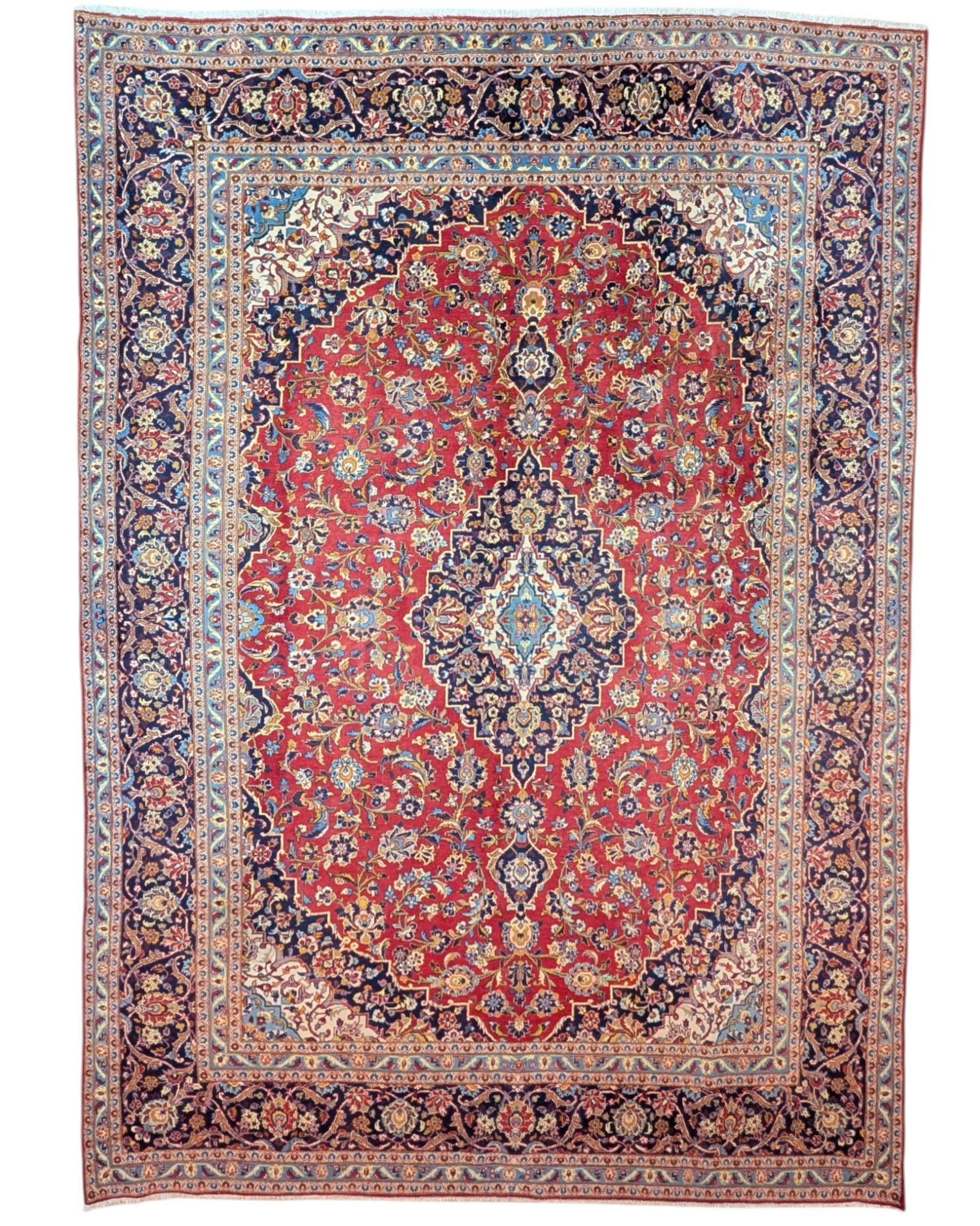 tappeto persiano Kashan annodato a mano 414x295 cm rosso con medaglione centrale e motivi floreali