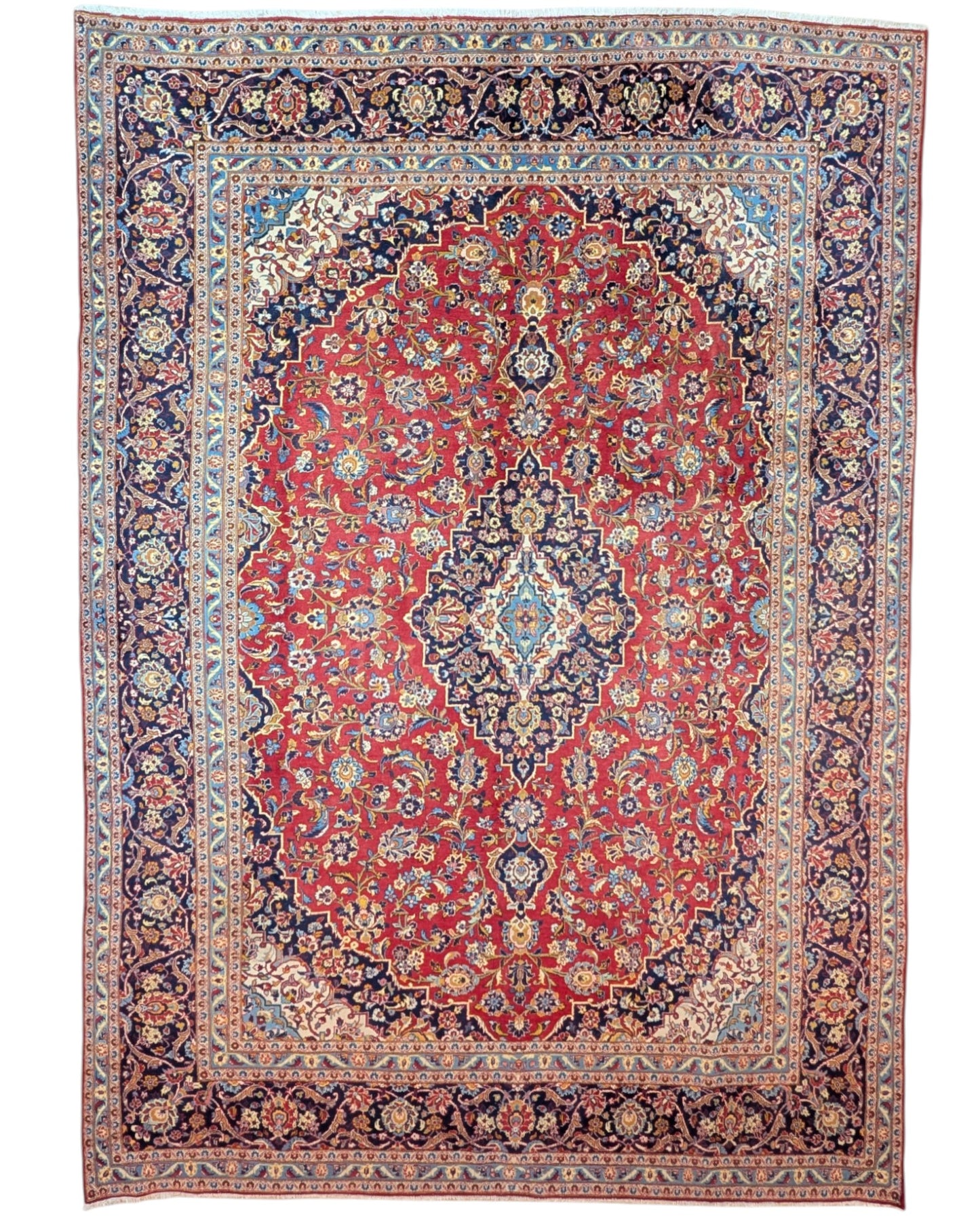 tappeto persiano Kashan annodato a mano 414x295 cm rosso con medaglione centrale e motivi floreali