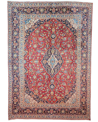 tappeto persiano Kashan annodato a mano 414x295 cm rosso con medaglione centrale e motivi floreali