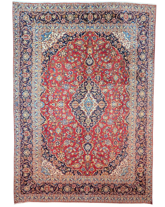 tappeto persiano Kashan annodato a mano 414x295 cm rosso con medaglione centrale e motivi floreali