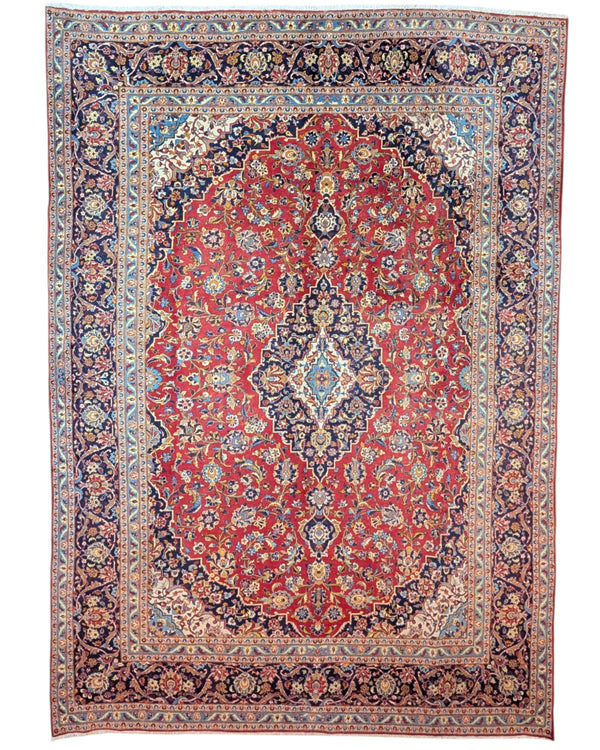 tappeto persiano Kashan annodato a mano 414x295 cm rosso con medaglione centrale e motivi floreali