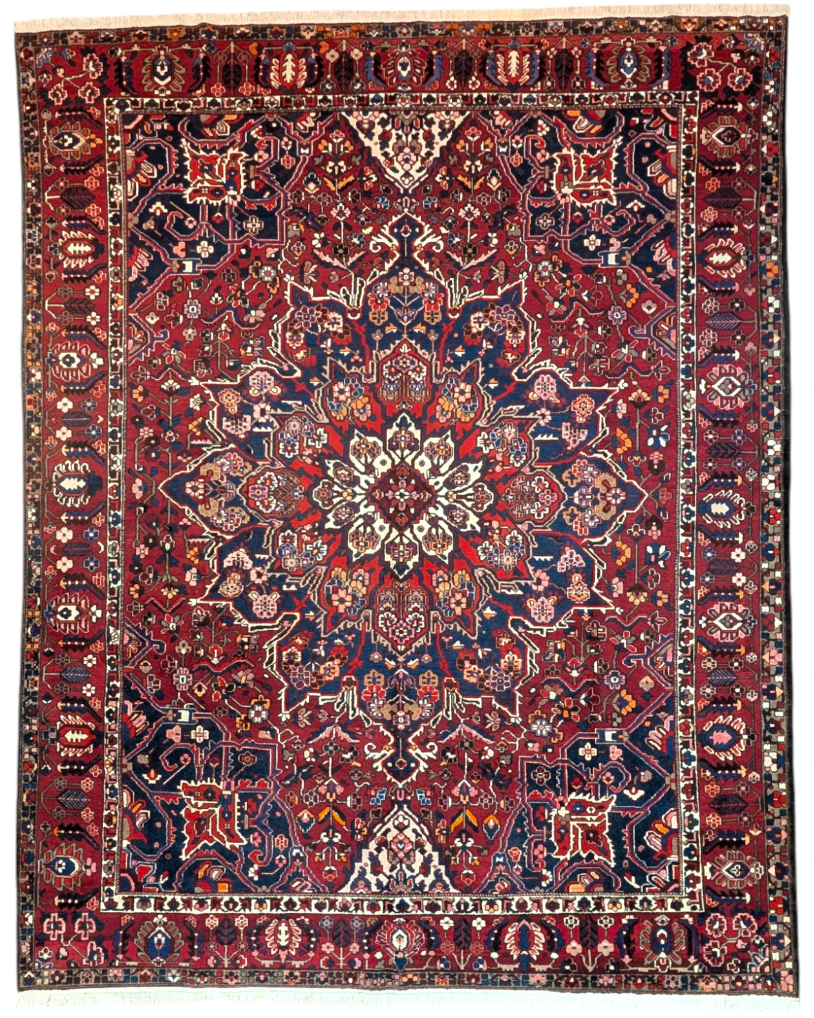 tappeto persiano annodato a mano 445x307 cm rosso intenso con motivi geometrici a rombi e fiori stilizzati