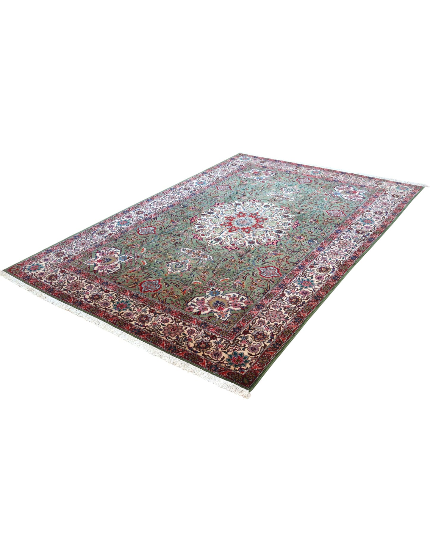 Tappeto Tabriz 60 Raj annodato a mano 300x200cm, fondo verde salvia, con motivi floreali e medaglione centrale.