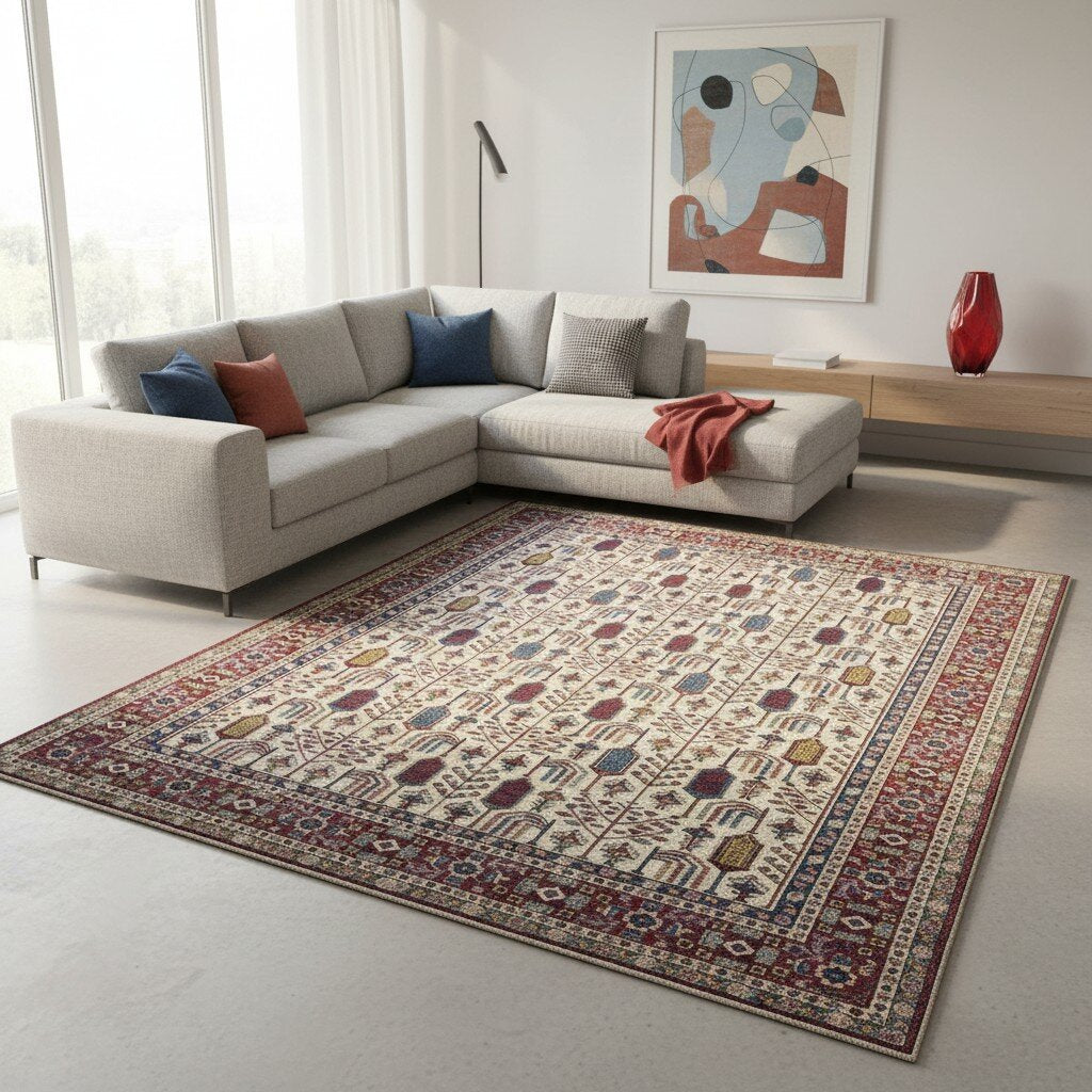 Tappeto Shirvan 209x230 cm con fondo avorio e motivi geometrici in rosso, blu, verde e giallo, tramato ed annodato a mano, provenienza Caucaso.