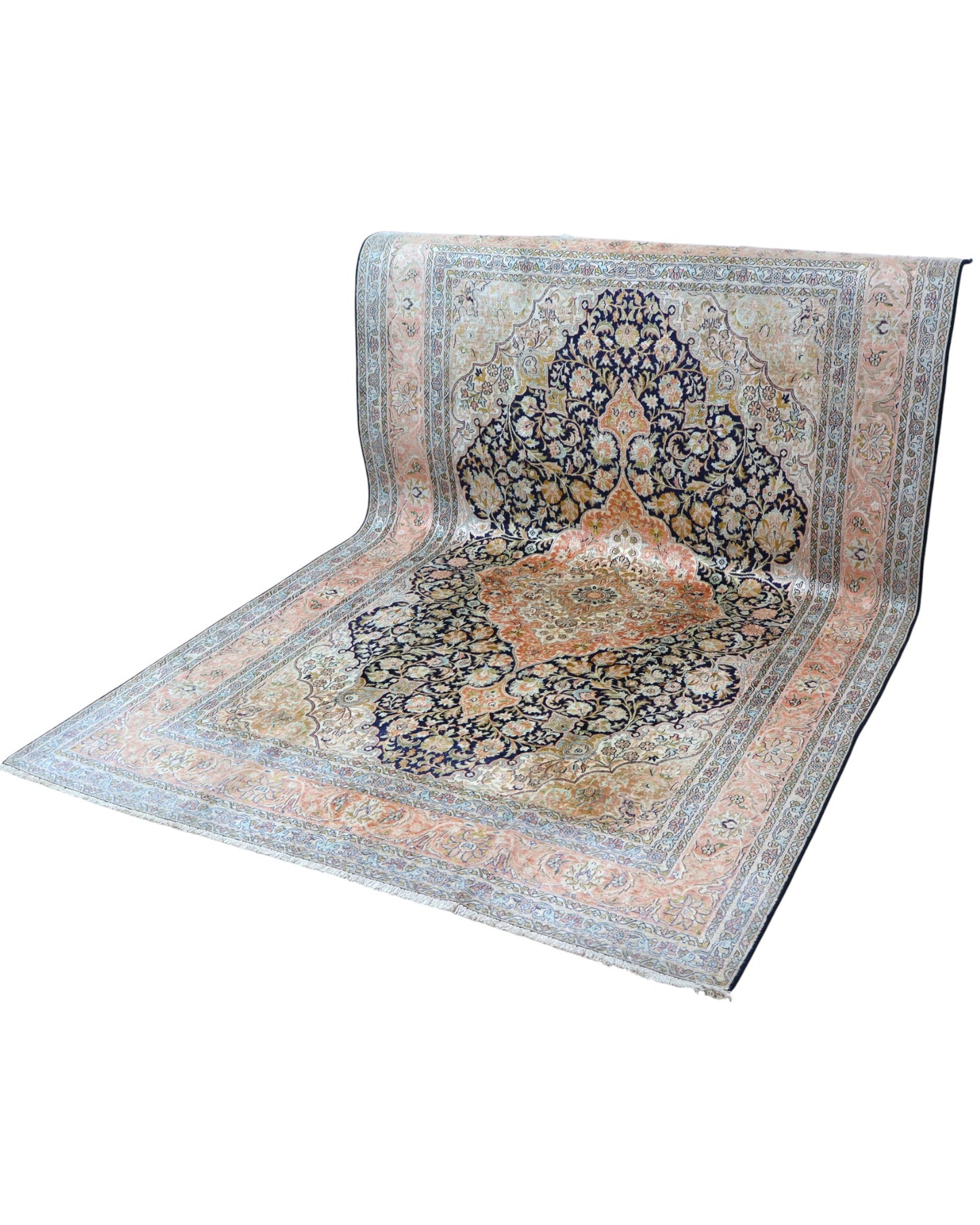 "Tappeto indiano classico annodato a mano con medaglione e motivi floreali, 283x182 cm."