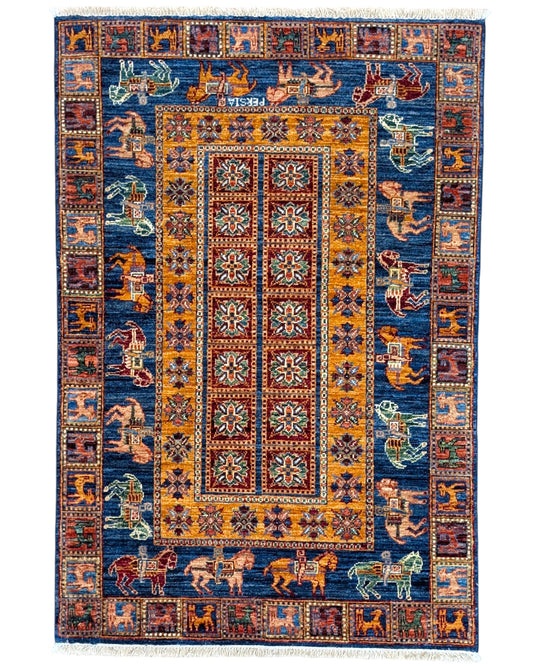 Tappeto Paizrik 149x101 cm con motivi geometrici e figure di cavalli, ideale per soggiorno.