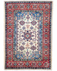 Elegante tappeto Kazak 144x102 cm con fiori stilizzati in tonalità rosse e blu.