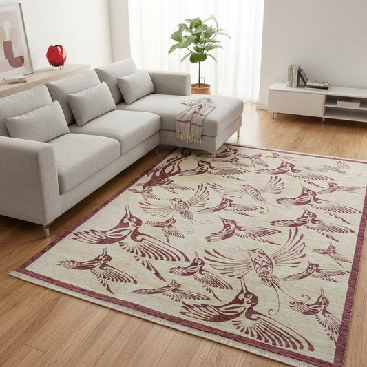 Tappeto moderno persiano 293x203 cm beige con uccelli stilizzati in rosso bordeaux. Annodato a mano in lana naturale, elegante e raffinato.
