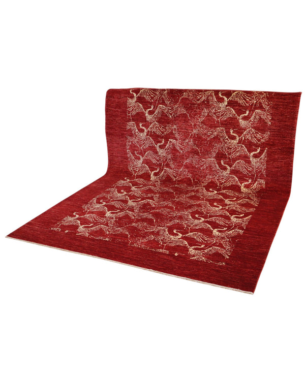 Tappeto moderno 290x206 cm Persia, fondo bordeaux con motivi di cavalli stilizzati in avorio, annodato a mano.