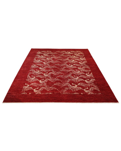 Tappeto moderno 290x206 cm Persia, fondo bordeaux con motivi di cavalli stilizzati in avorio, annodato a mano.