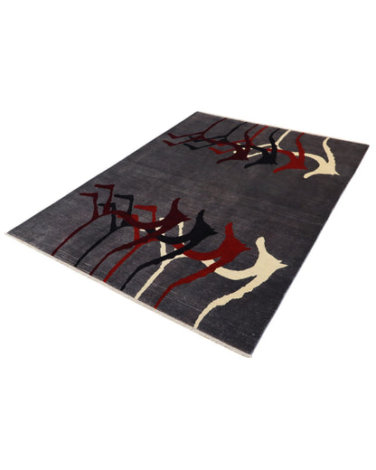 Tappeto moderno “Cavalli Preistorici” 240x280 cm di Dario, annodato a mano, cavalli stilizzati ispirati all’arte rupestre su fondo grigio, lana tinta vegetale, pezzo unico.