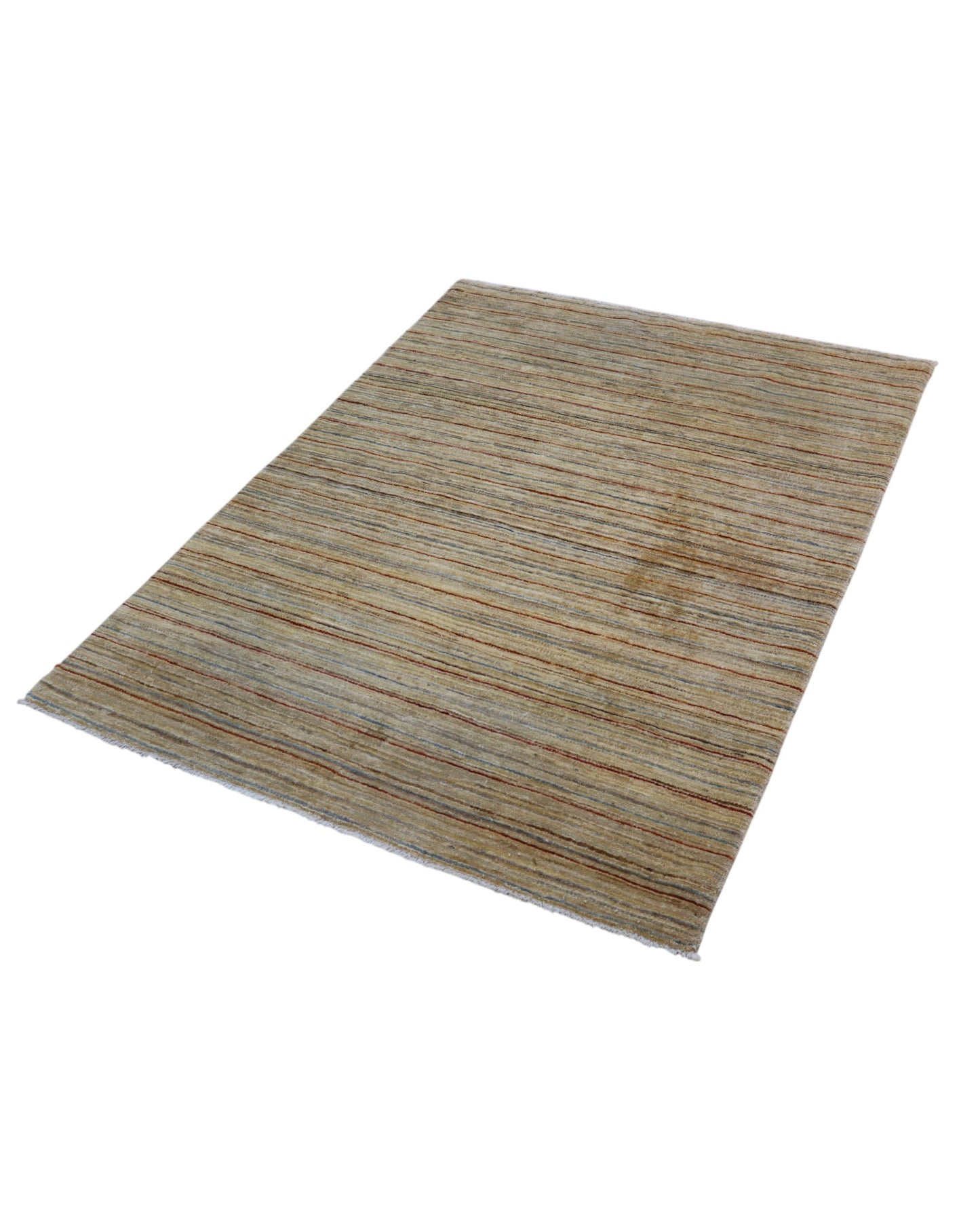 Tappeto moderno a righe verticali 173x127 cm, annodato a mano in Afghanistan, motivo sobrio in colori tenui e naturali, lana tinta vegetale, certificato incluso.