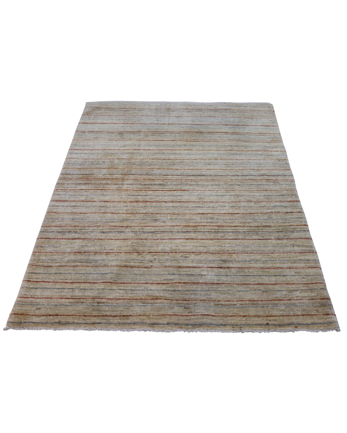 Tappeto moderno a righe verticali 173x127 cm, annodato a mano in Afghanistan, motivo sobrio in colori tenui e naturali, lana tinta vegetale, certificato incluso.
