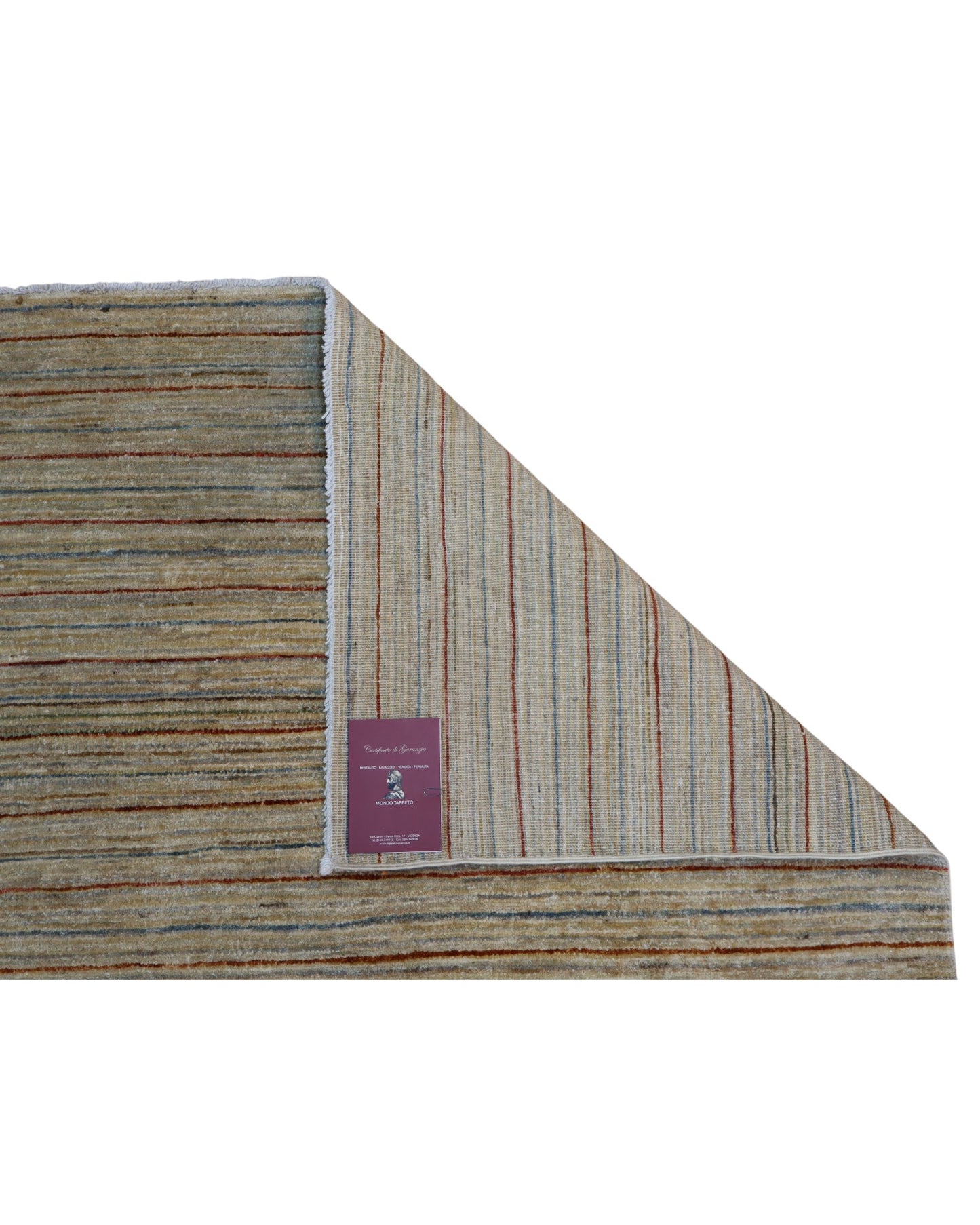 Tappeto moderno a righe verticali 173x127 cm, annodato a mano in Afghanistan, motivo sobrio in colori tenui e naturali, lana tinta vegetale, certificato incluso.