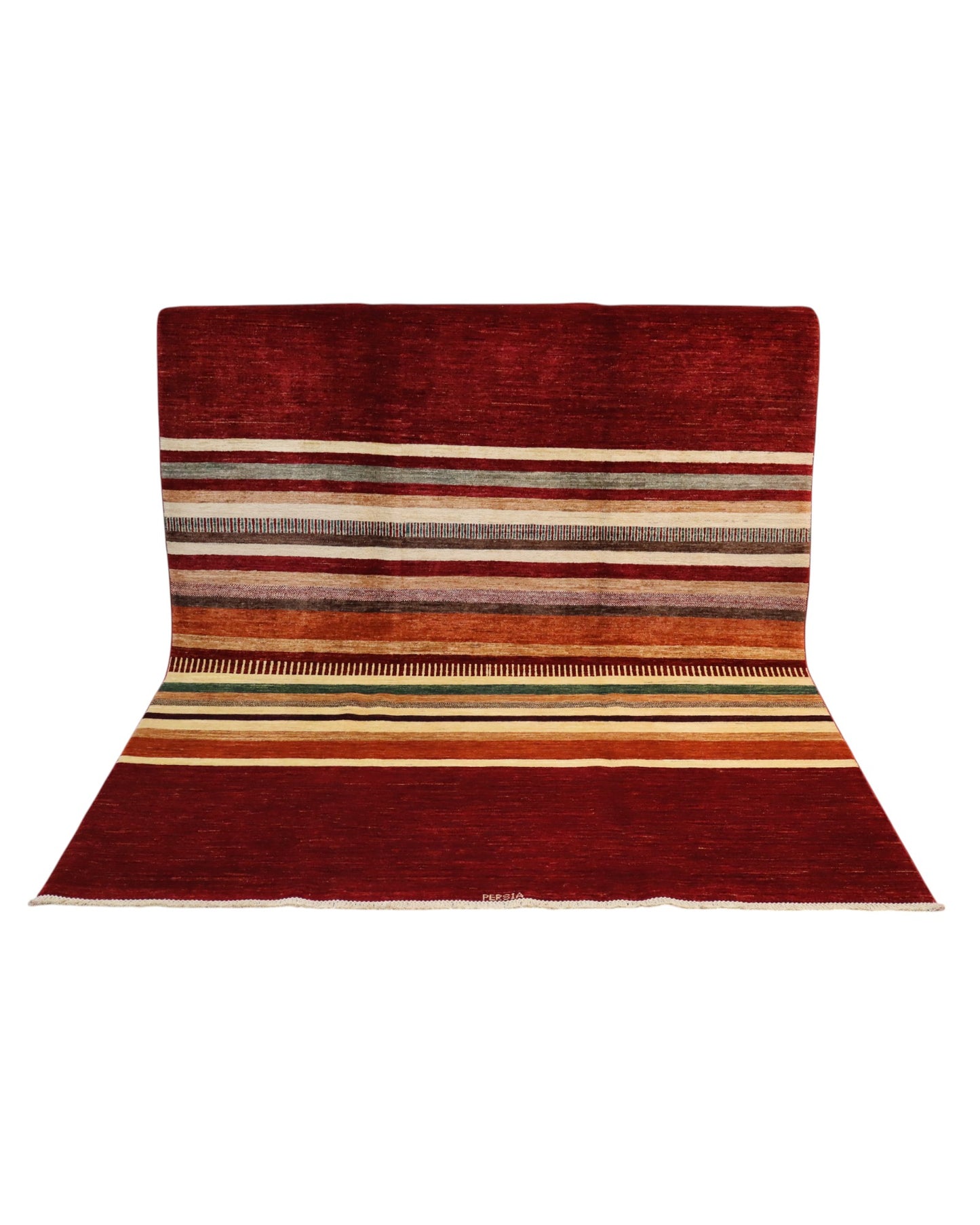 Tappeto moderno persiano “Sella di Cavallo” 240x180 cm, annodato a mano, campo a righe multicolore con rosso rubino e bordura monocromatica.