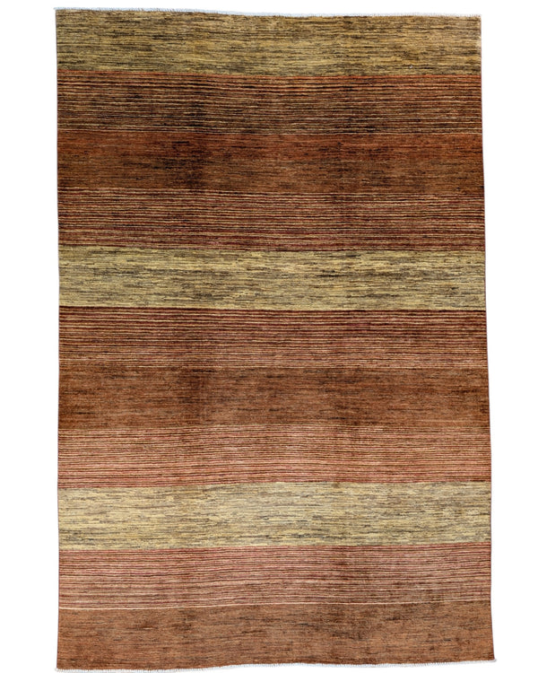 Tappeto moderno 297x196 cm Persia, disegno a fasce orizzontali nei toni marrone e beige, annodato a mano.