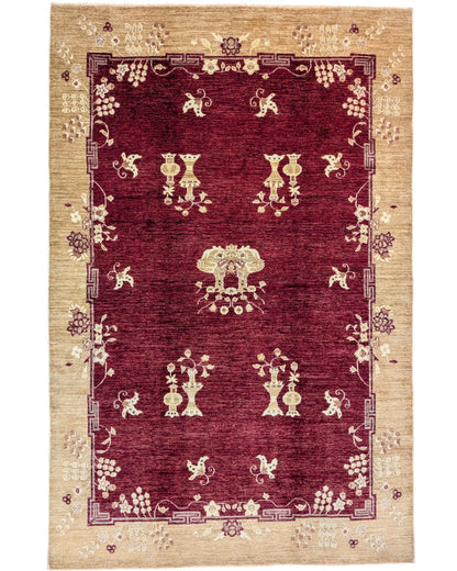 Tappeto moderno 300x200 cm Persia, fondo bordeaux con motivi simbolici in avorio e cornice beige, annodato a mano.