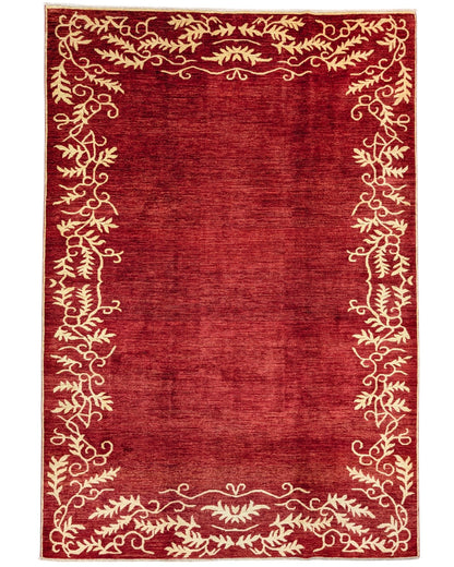 Tappeto moderno 300x205 cm Persia, fondo bordeaux con bordo floreale in avorio, annodato a mano.