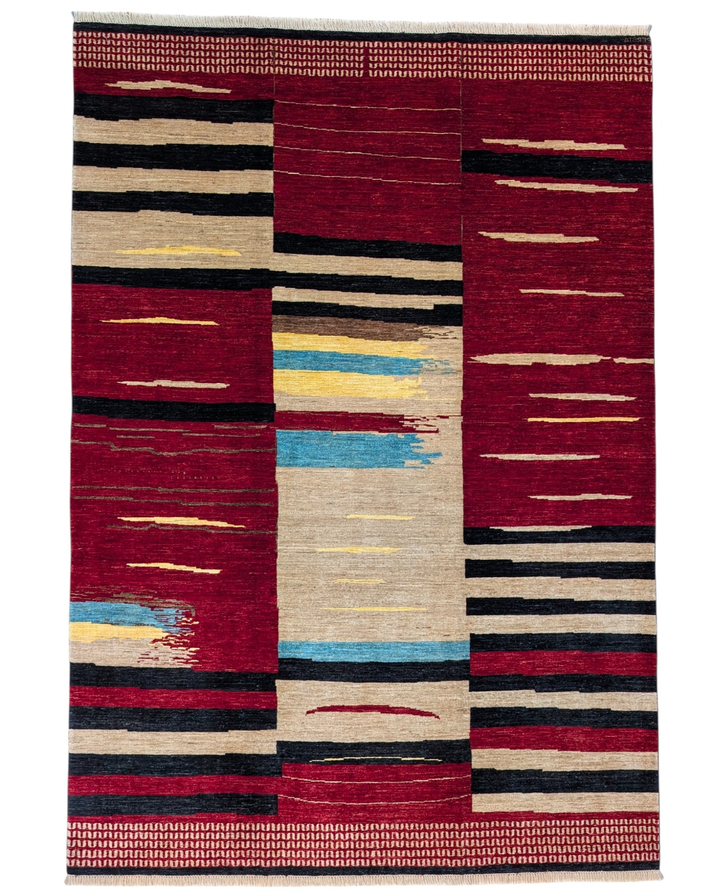 Tappeto moderno 300x200 cm Persia con design astratto rosso, nero, beige, giallo e azzurro, annodato a mano in lana naturale.