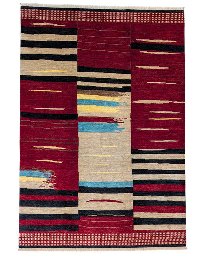 Tappeto moderno 300x200 cm Persia con design astratto rosso, nero, beige, giallo e azzurro, annodato a mano in lana naturale.