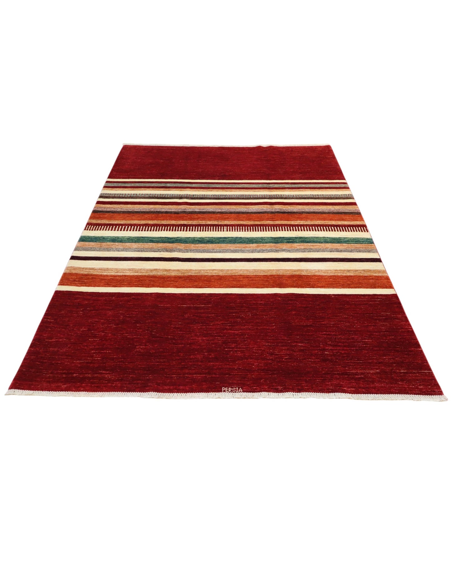 Tappeto moderno persiano “Sella di Cavallo” 240x180 cm, annodato a mano, campo a righe multicolore con rosso rubino e bordura monocromatica.