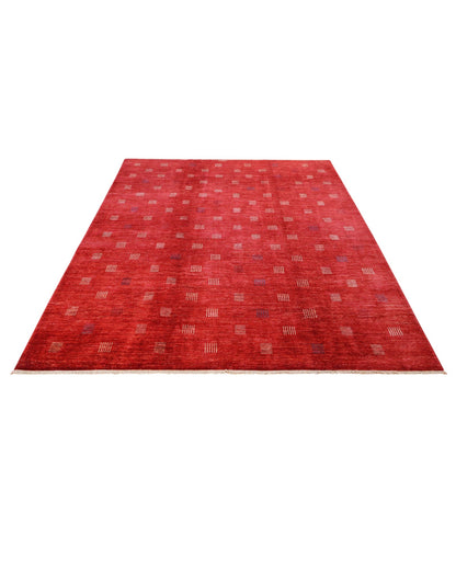 Tappeto moderno 292x205 cm Persia, fondo bordeaux con piccoli motivi geometrici tono su tono, annodato a mano.